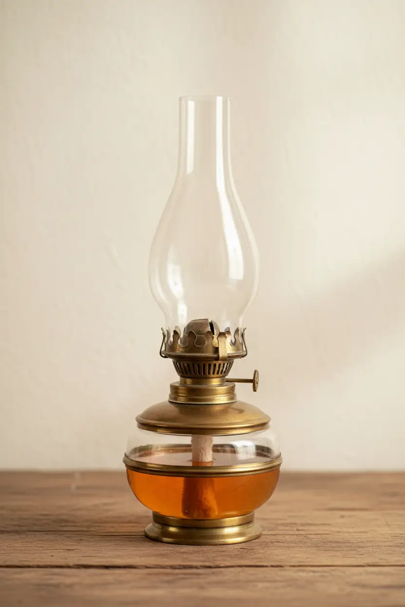 An authentic, realistic reproduction antique brass oil lamp with a hand-blown glass chimney.